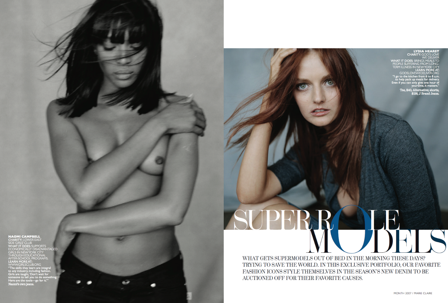 A black-and-white photo of Naomi Campbell with her arms crossed over her chest, and her eyes closed. Next to her, a colored photo of a woman with long red hair, blue eyes, wearing a denim jacket, sitting with her hand in her hair, looking directly at