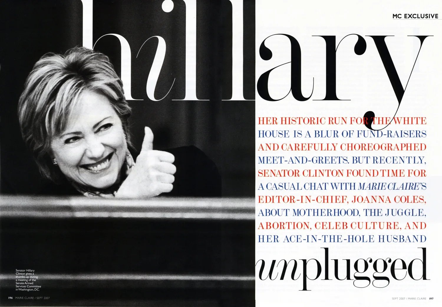 Black and white magazine cover featuring Hillary Clinton giving a thumbs-up and smiling, with large stylized text and article headlines.
