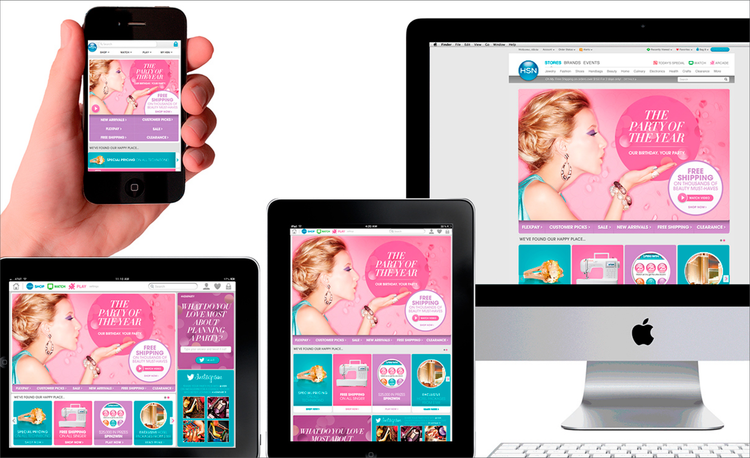 Devices displaying a pink-themed online store with a woman blowing kisses, celebrating the party of the year with free shipping offer.