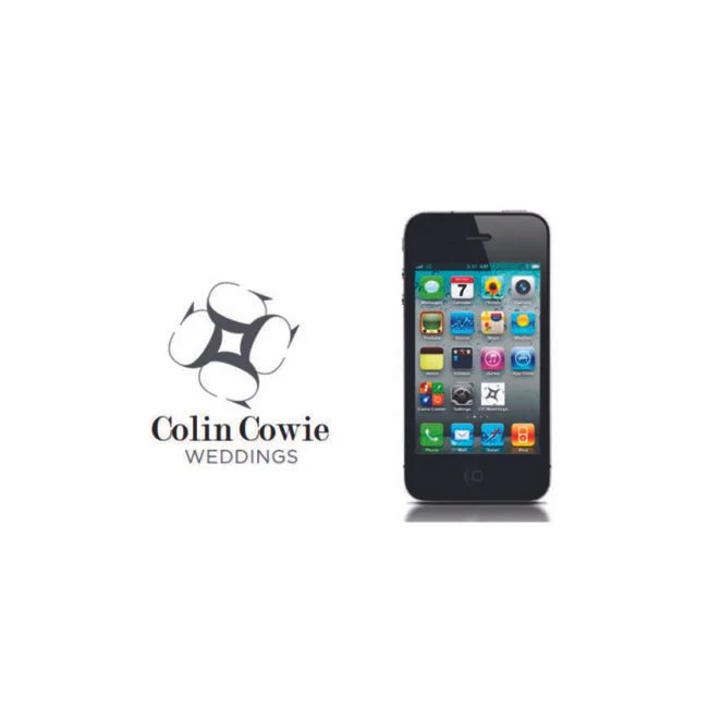 Logo of Colin Cowie Weddings next to a smartphone displaying a home screen with app icons.