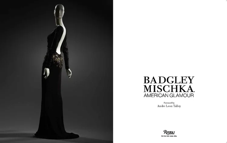 Fashion magazine cover with a black mannequin wearing a long black gown on the left and the title 'Badgley Mischka American Glamour' on the right.