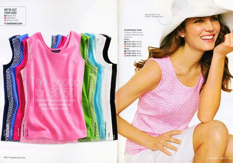 A magazine page displays colorful tank tops priced at $9.50, with a focus on a pink tank top. Next to the tank tops, a smiling woman with long brown hair, wearing a pink patterned tank top and a white hat, is sitting with her hand resting on her knee