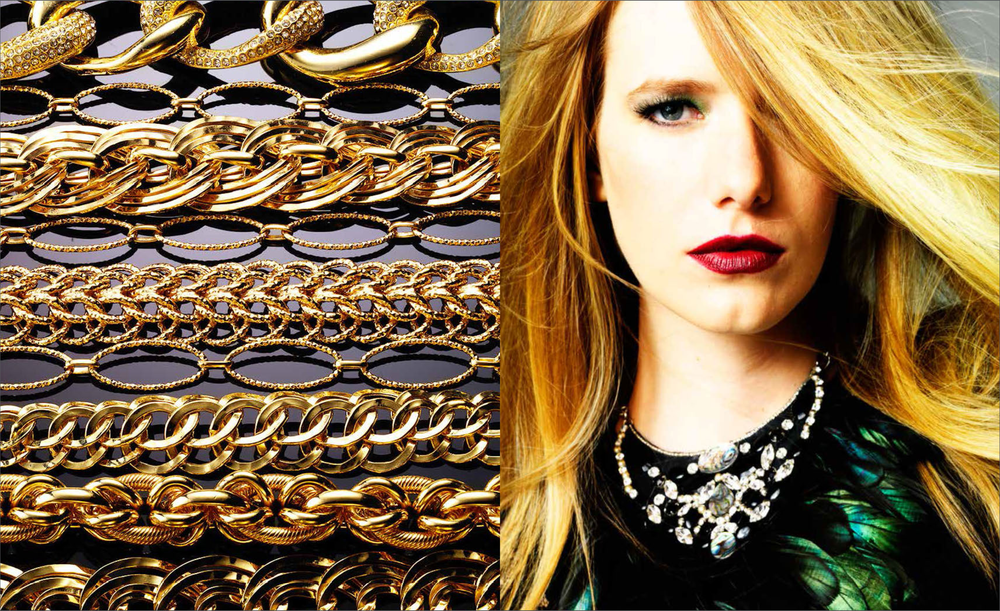 A collage of jewelry on the left and a woman wearing jewelry on the right.