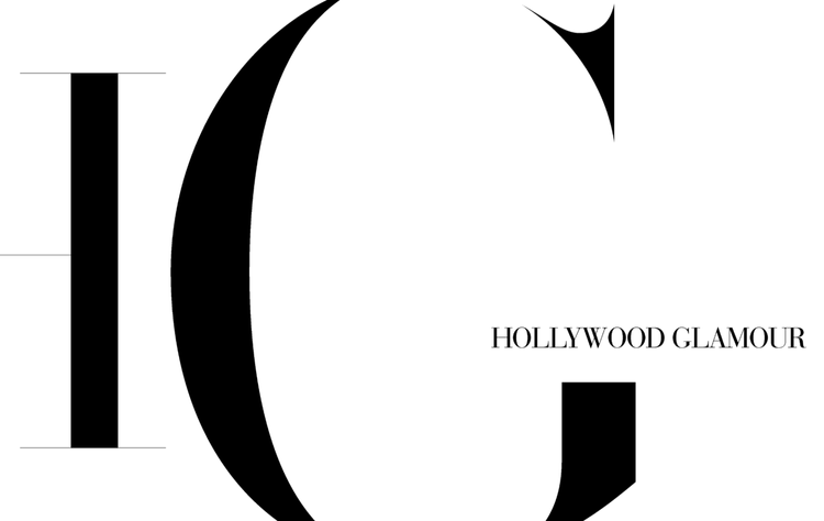 Close-up of a black and white logo or magazine cover with the text 'Hollywood Glamour' and large stylized letters 'I' and 'C'