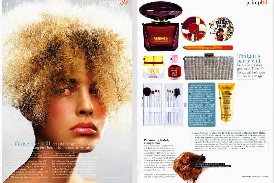Page from a magazine featuring a woman with curly blonde hair on the left and beauty products and makeup tools on the right, along with text describing beauty and makeup tips.