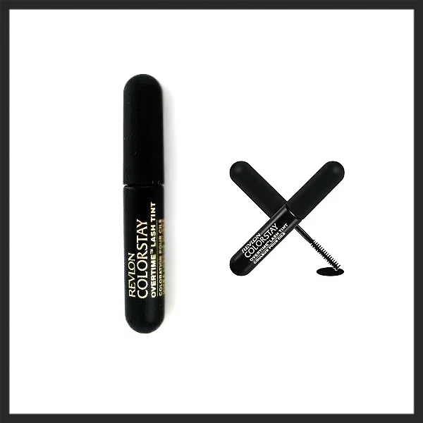 Two black makeup products: a Revlon ColorStay lash enhancer and a Maybelline mascara with wand.