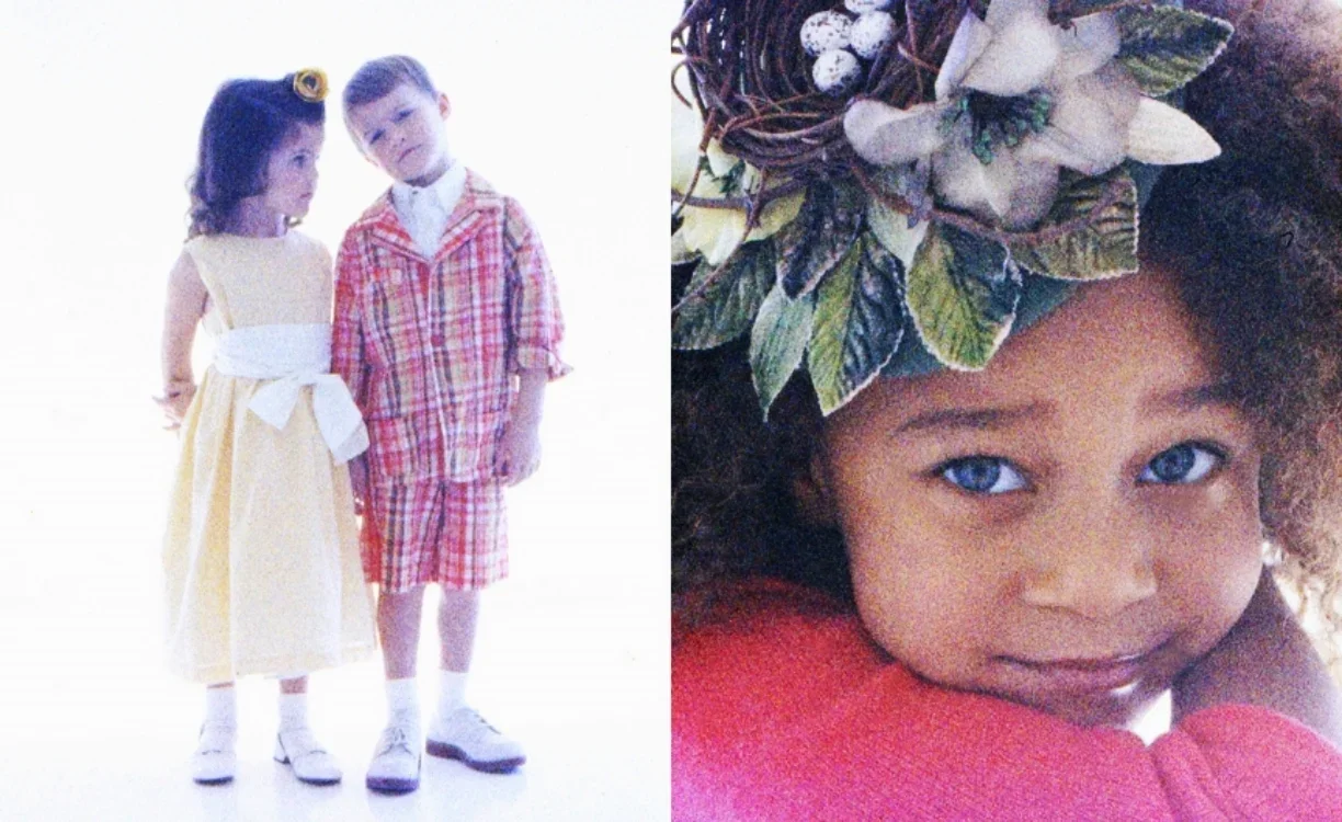 A split image with two children. On the left, a girl in a yellow dress with a white sash and a girl in a red plaid outfit with white socks and white shoes stand together. On the right, a girl with curly hair and blue eyes wearing a flower headpiece a