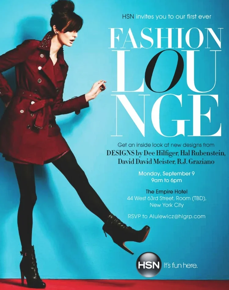 A woman wearing a red trench coat and black high-heeled boots is posing against a blue background for a fashion event invitation. The text on the image announces HSN's first-ever fashion lounge event featuring new designs from multiple designers, sch