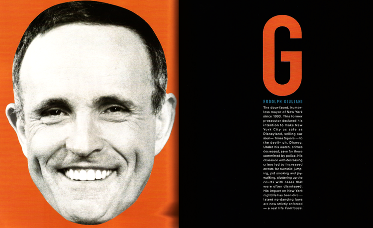 Image of Rudolph Giuliani with a smiling face on the left, and a black and orange background with his initials G and some descriptive text on the right.