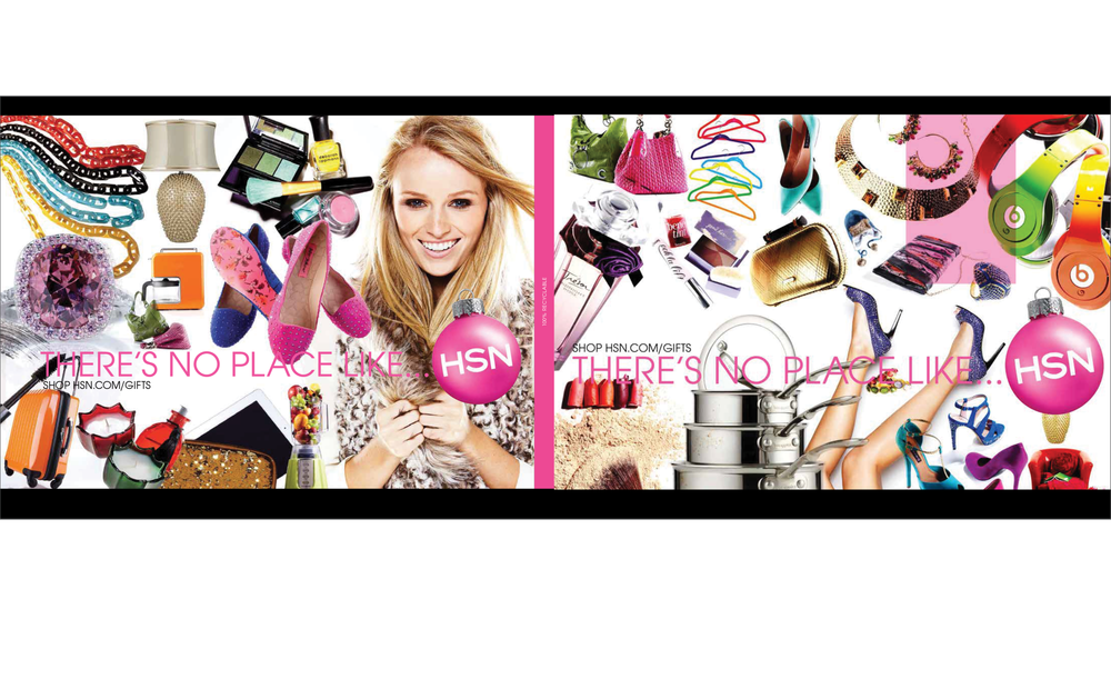 Collage of fashion accessories, shoes, makeup, and jewelry with a woman smiling in the center. pink text states 'There's no place like...' and a pink HSN logo appears.