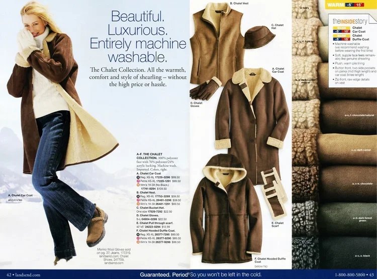 Page from a catalog showing a woman wearing a brown shearling coat, with additional shearling coat styles displayed on the right, including a hooded duffle style, with swatches of different shearling fabric options on the far right.