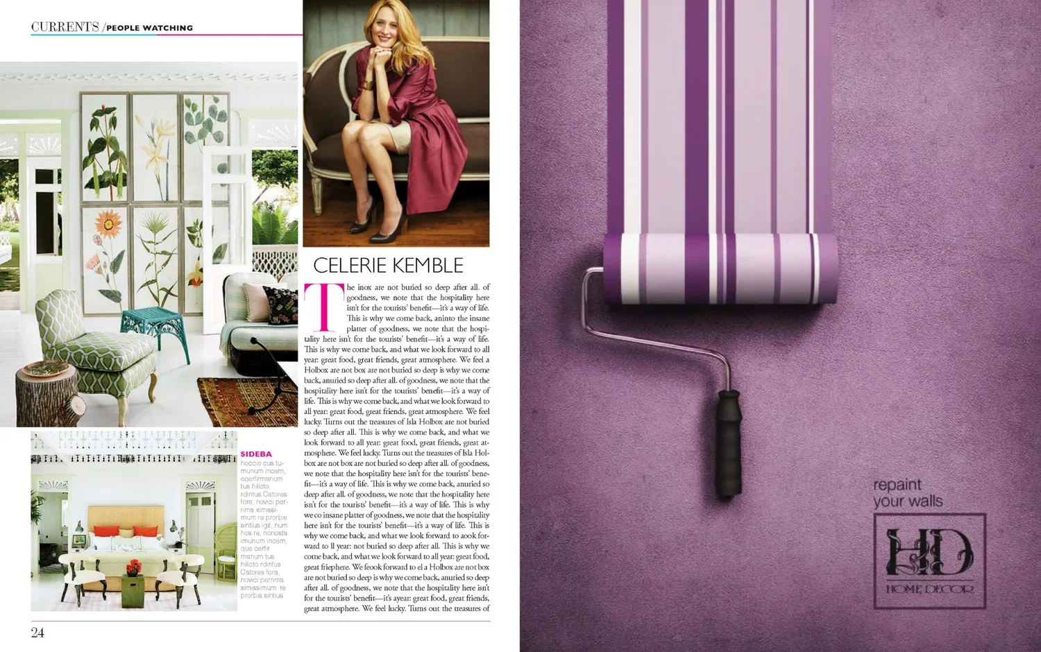 A magazine spread showing an interior design article with images of decorated rooms, a woman sitting on a bench, and a paint roller on purple wall paint sample with text 'repaint your walls' and the logo 'HOME DECOR'.