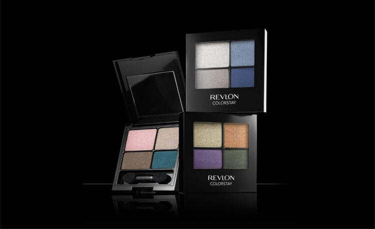 Three Revlon ColorStay eyeshadow palettes with six shimmery shades each, set against a black background.