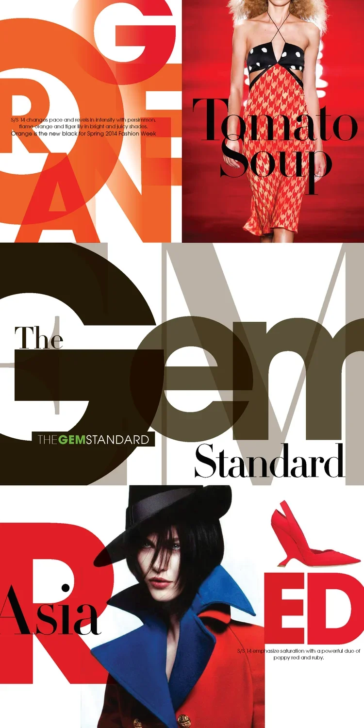 Text-based fashion magazine cover with bold, colorful overlapping letters and images of models wearing stylish clothing, including a woman in a red and black dress and a woman in a blue coat and hat.