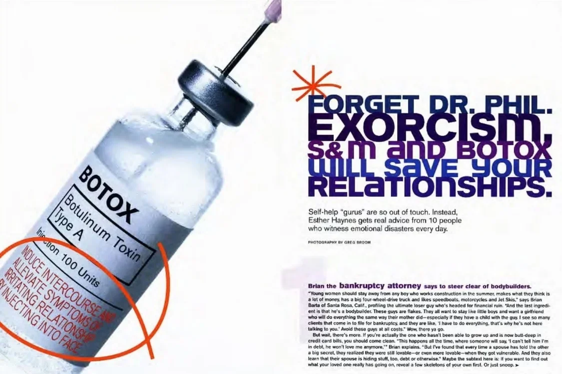 An advertisement mocking Botox and exorcisms, featuring a syringe injecting a vial labeled 'Botox' and humorous text about relationships and emotional healing.