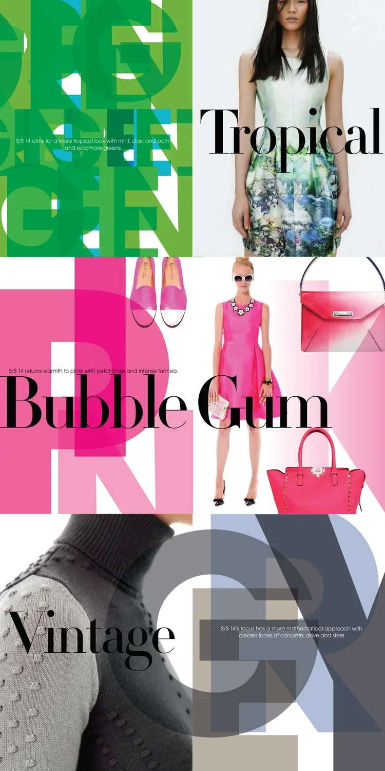 Collage of fashion items. Top right: woman in a tropical dress, with the word tropical. Middle: pink dress, shoes, bags with the words Bubble Gum. Bottom left: black and white sneakers, with the word vintage.
