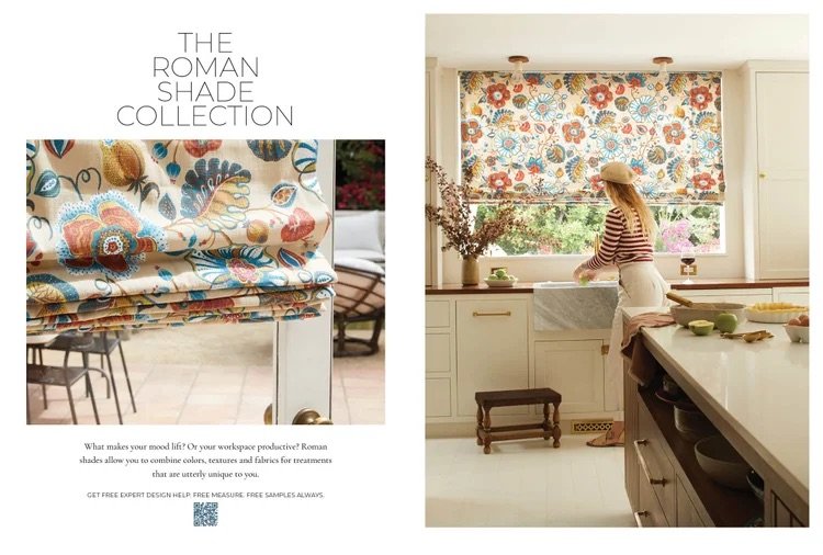 A promotional brochure for the Roman Shade Collection featuring fabric samples on the left and a woman in a kitchen with floral Roman shades on the window in the right image.