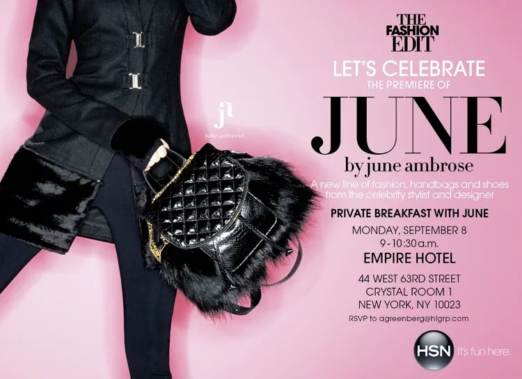 Promotional flyer for June by June Ambrose fashion launch event, featuring a model holding a black quilted handbag with fur trim, set against a pink background with event details and the HSN logo.