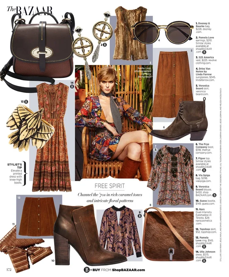 A fashion magazine page featuring various clothing and accessories, including a handbag, earrings, a faux fur scarf, sunglasses, a suede skirt, ankle boots, a printed dress, a floral blouse, a Telsa eyeshadow palette, a skirt, a purse, and a blouse, 