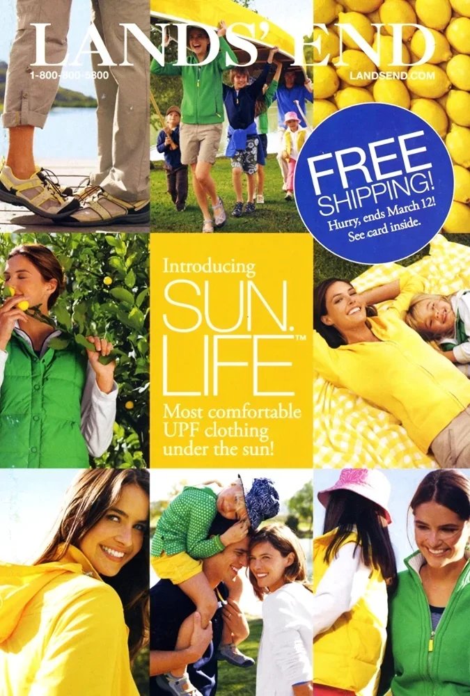 Advertisement for Lands' End featuring people enjoying outdoor activities in UPF clothing, highlighting free shipping and introducing Sun Life, a line of breathable sun-protective clothing.