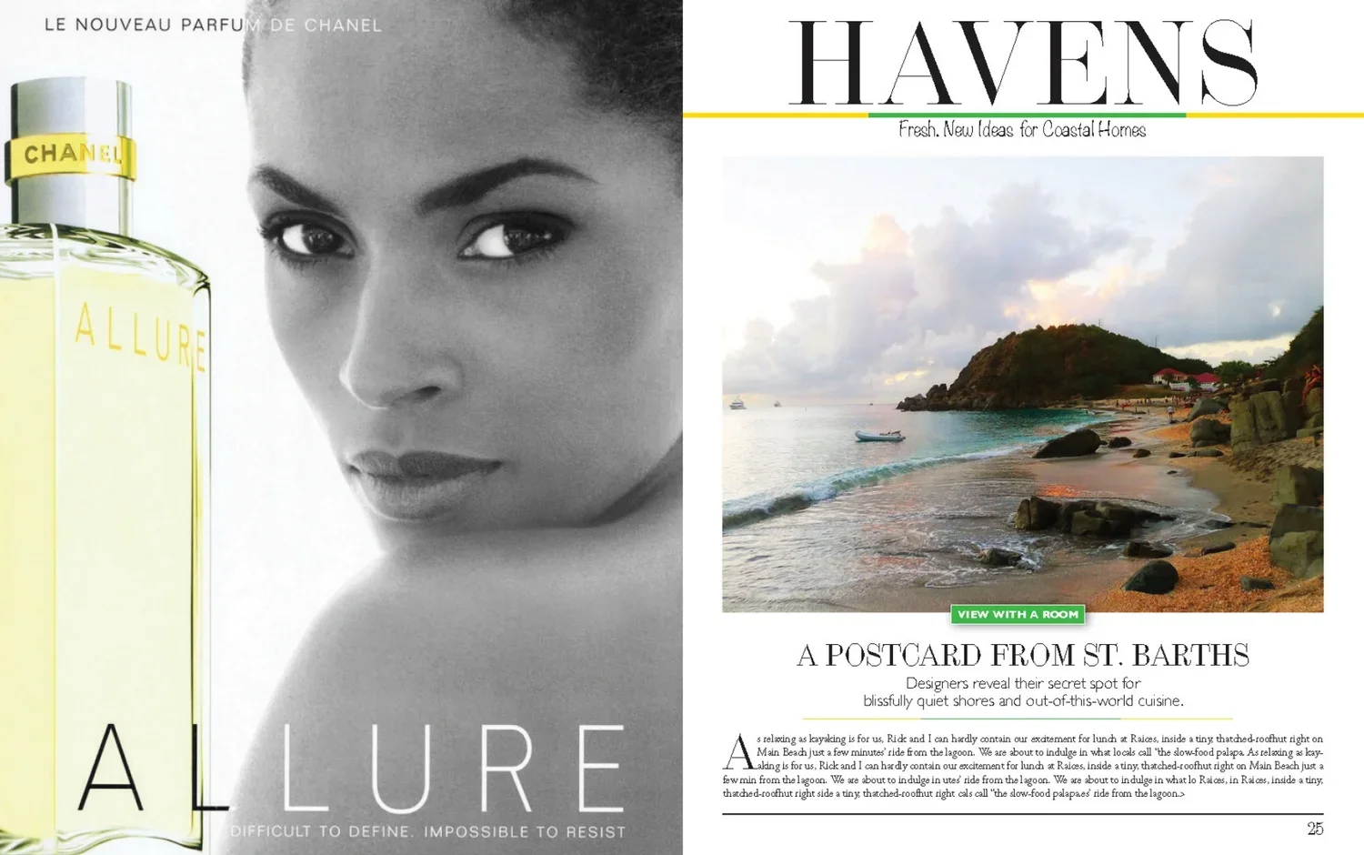 A magazine page featuring a bottle of Chanel Allure perfume on the left with a black-and-white close-up of a woman's face, and a colorful photograph of a beach with rocks and a small hill on the right, with text about St. Barths and a postcard from t