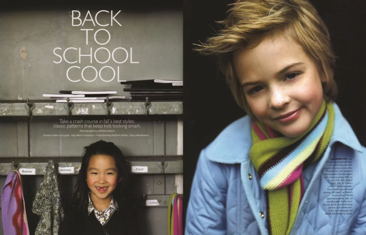A magazine spread with a back-to-school theme. The left side shows hooks with colorful scarves labeled 'Boston,' 'Antonio,' 'Juliet,' and 'James.' The headline reads 'Back to School Cool,' and a child with dark hair and a big smile stands in front of