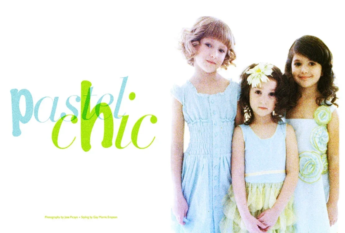 Three young girls standing side by side wearing pastel-colored dresses, with the word 'pastel chic' in colorful text on the left.