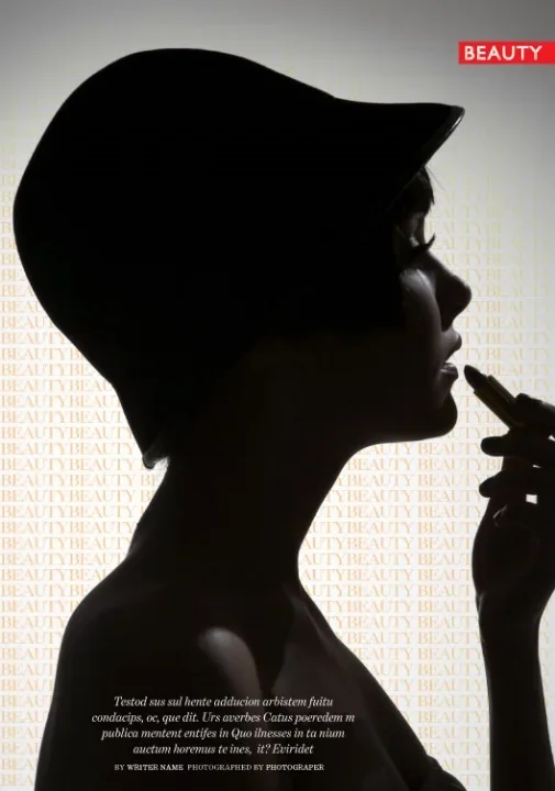 Silhouette of a woman applying lipstick with a patterned background featuring the word 'BEAUTY' repeatedly, and a red label that says 'BEAUTY' in the top right corner.