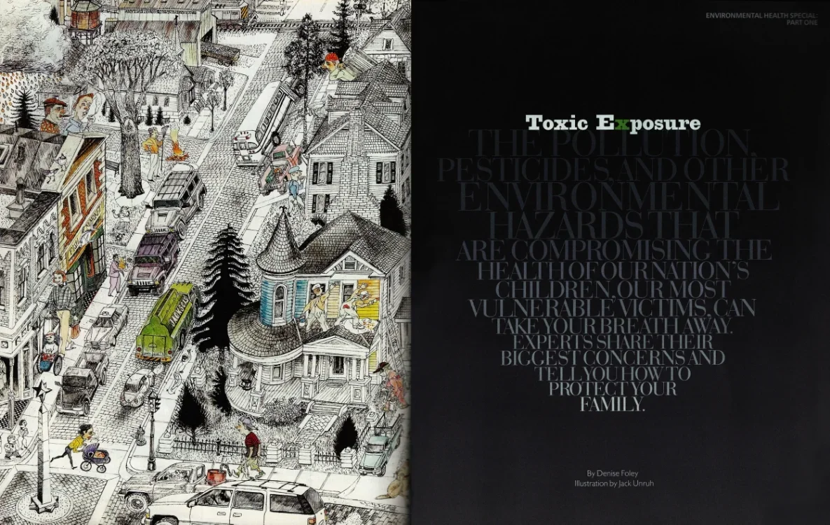 Illustration of a busy urban neighborhood with cars, people walking and children playing, alongside a dark page with environmental health message about toxic exposure.