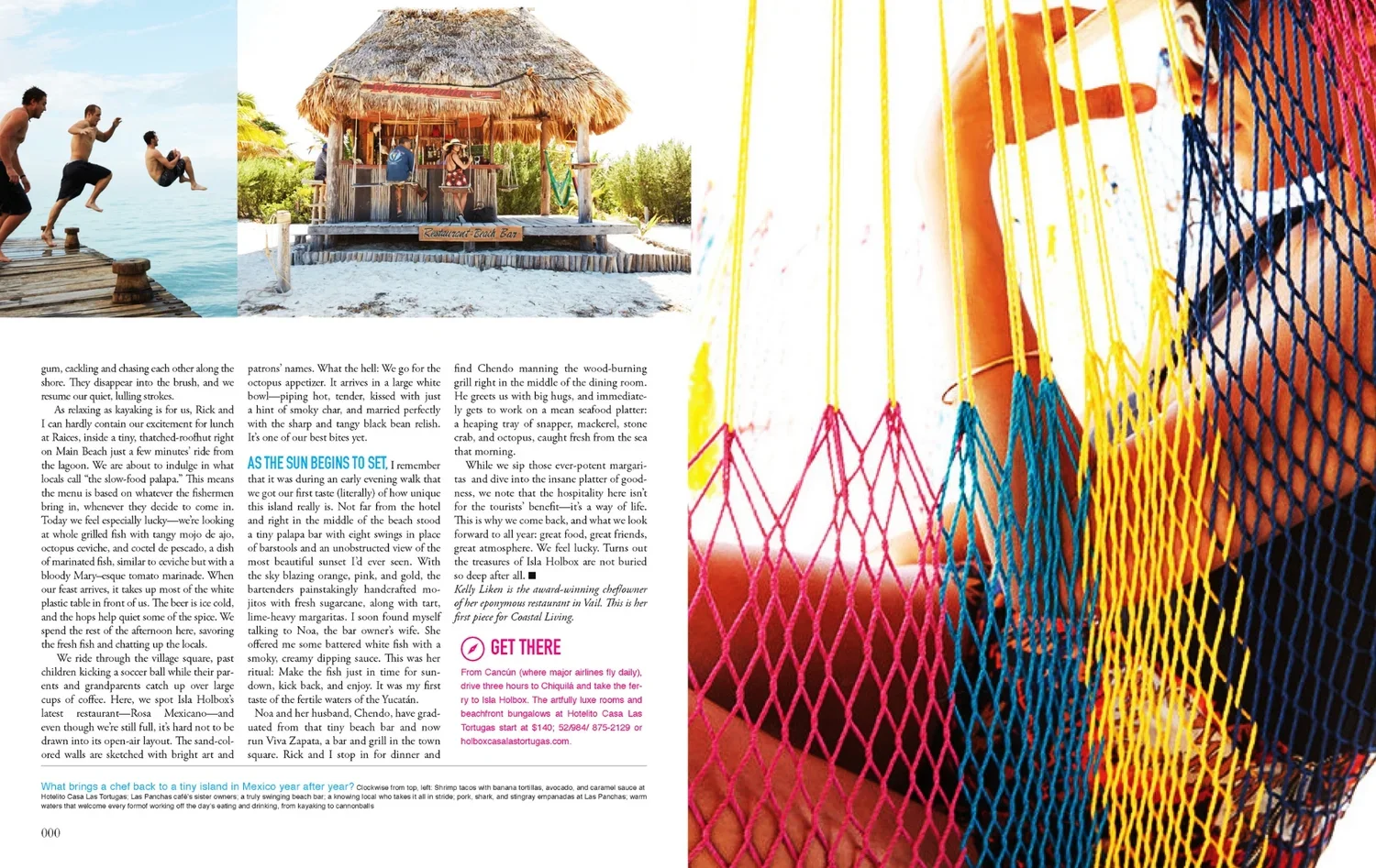 A digital photo collage featuring three scenes: two children jumping into the water from a wooden pier, a thatched-roof beach bar with tropical surroundings, and a close-up of a colorful beach net with a child in the background.