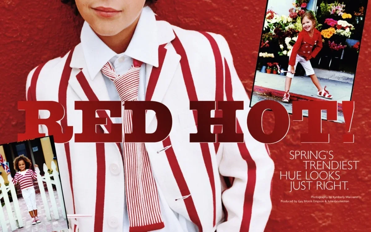 Close-up of a person wearing a white shirt and red-and-white striped tie, with red and white striped jacket, with two smaller photos of a young girl in red and white outfits and a flower shop background, and text promoting a spring fashion trend for 