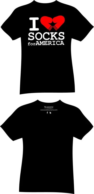 Black T-shirt with white and red text that reads "I ♥ SOCKS for AMERICA," with the back of the shirt showing a website URL and social media icons.