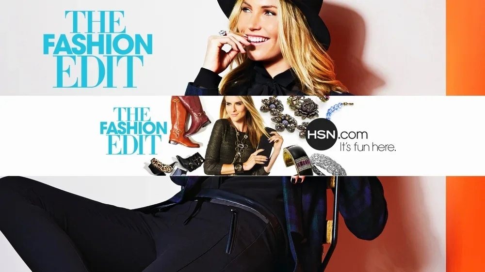 A woman with blonde hair, wearing a black hat, smiling. Behind her are promotional images for The Fashion Edit and HSN.com, featuring shoes, jewelry, and accessories.