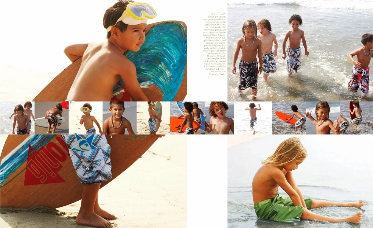 Children playing and relaxing at the beach, including a boy with goggles and a surfboard, a group of kids walking in the water, some holding or using surfboards, and a girl sitting by the water.