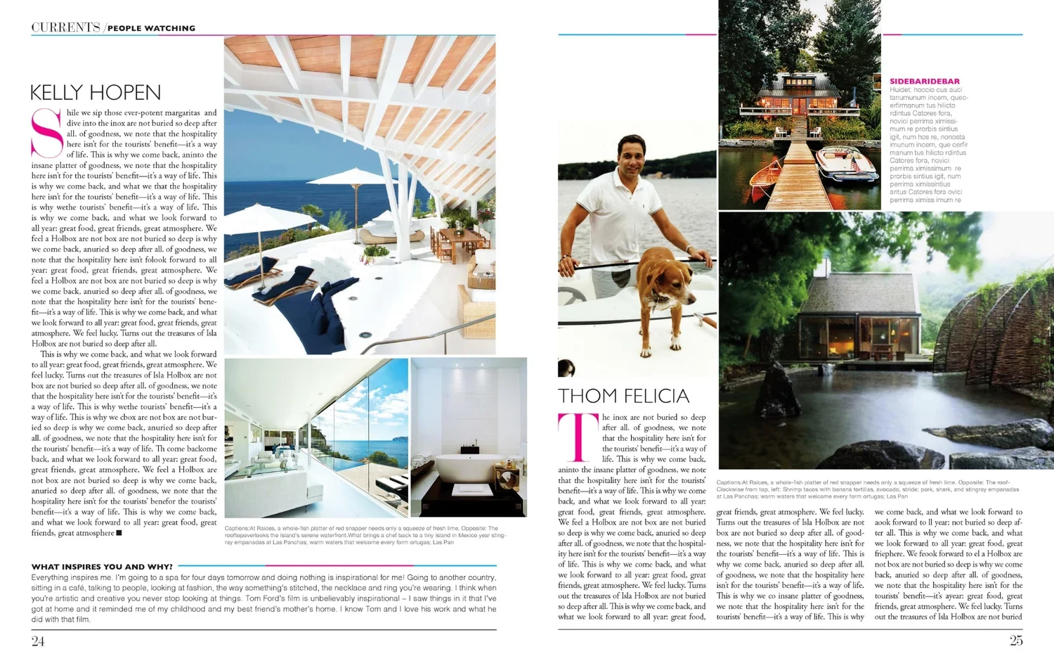 A magazine spread featuring travel and leisure scenes, including a white dining area with ocean views, a man on a boat with a dog, a serene lake with a dock, a bathroom with a bathtub and scenic window, and a spa with pools surrounded by lush greener
