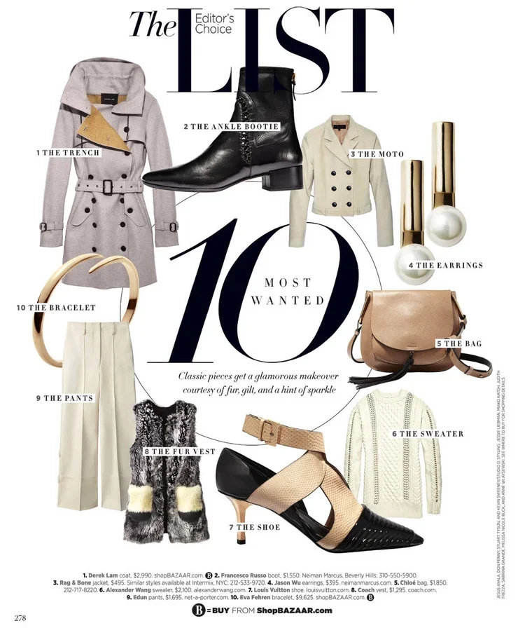 Fashion magazine layout featuring a beige trench coat, black ankle boots, cream blazer, pearl earrings, beige handbag, white sweater, fur vest, black and beige shoes, cream high-waisted pants, with numbered labels and descriptions.
