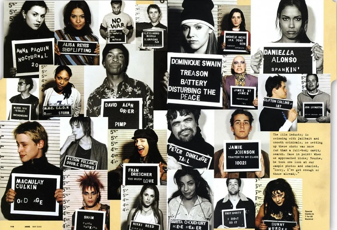 Collage of mugshots of various people, each holding a placard with their name, nickname, or a phrase. Some signs contain names, descriptions, or slogans. The background includes yellowed text and measurement lines.