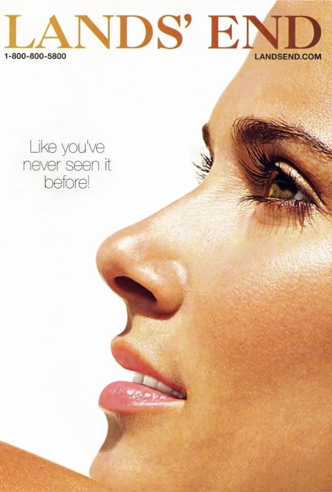 Close-up side profile of a woman with smooth skin and makeup, promoting landsend.com.