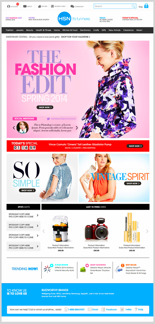 Screenshot of the homepage of the HSN website featuring a spring 2014 fashion promotion with a smiling woman in a colorful floral dress on a pink background, with sections for trending products, special offers, and shopping options.