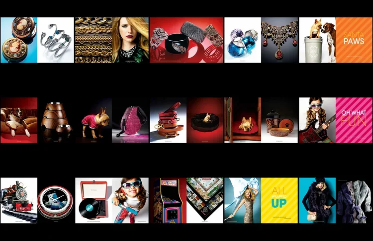 A collage of various items including jewelry, accessories, pet clothing, toys, gadgets, and fashion, organized in rows with some text labels such as 'PAWS', 'OH WHAT!', and 'ALL UP'.