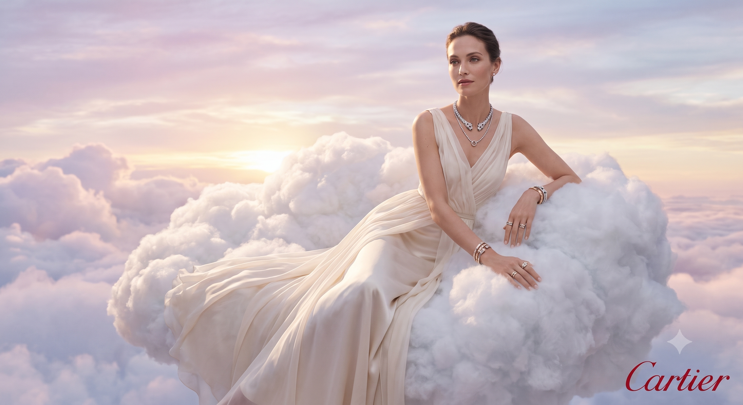 A woman in an elegant white gown and jewelry sitting on a cloud with a sunset and sky in the background.