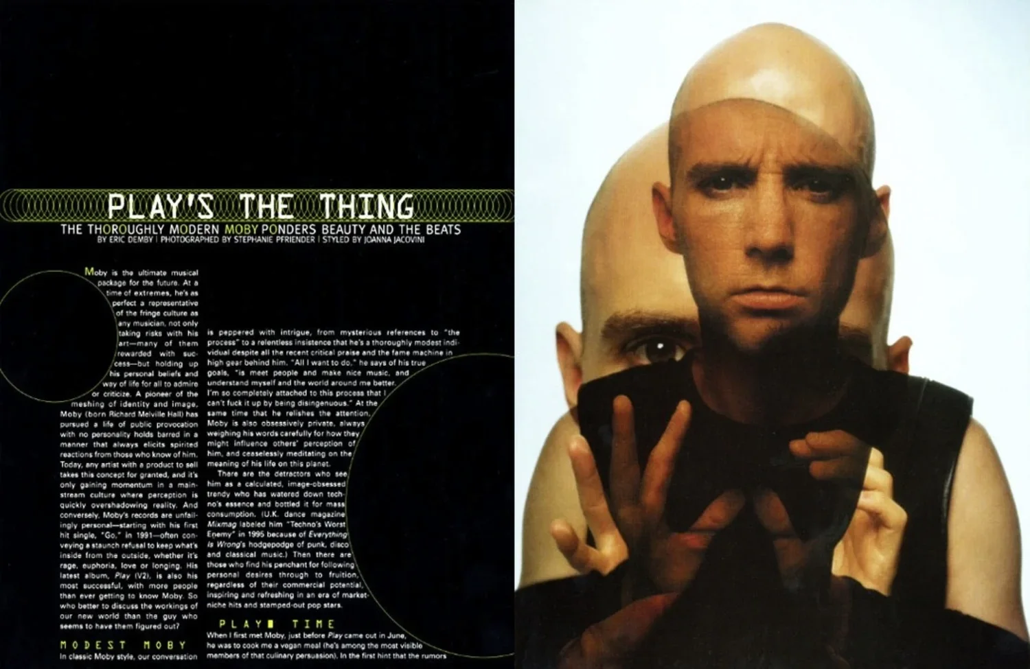 A magazine spread featuring an article titled "Play's the Thing" about the artist Moby. The left page has black background with yellow and white text, and the right page shows a close-up photo of Moby holding a black mask in front of his face, with m