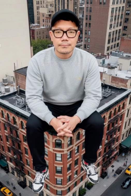 A man wearing glasses, a gray sweatshirt, black pants, and sneakers sitting on the edge of a rooftop at a cityscape.