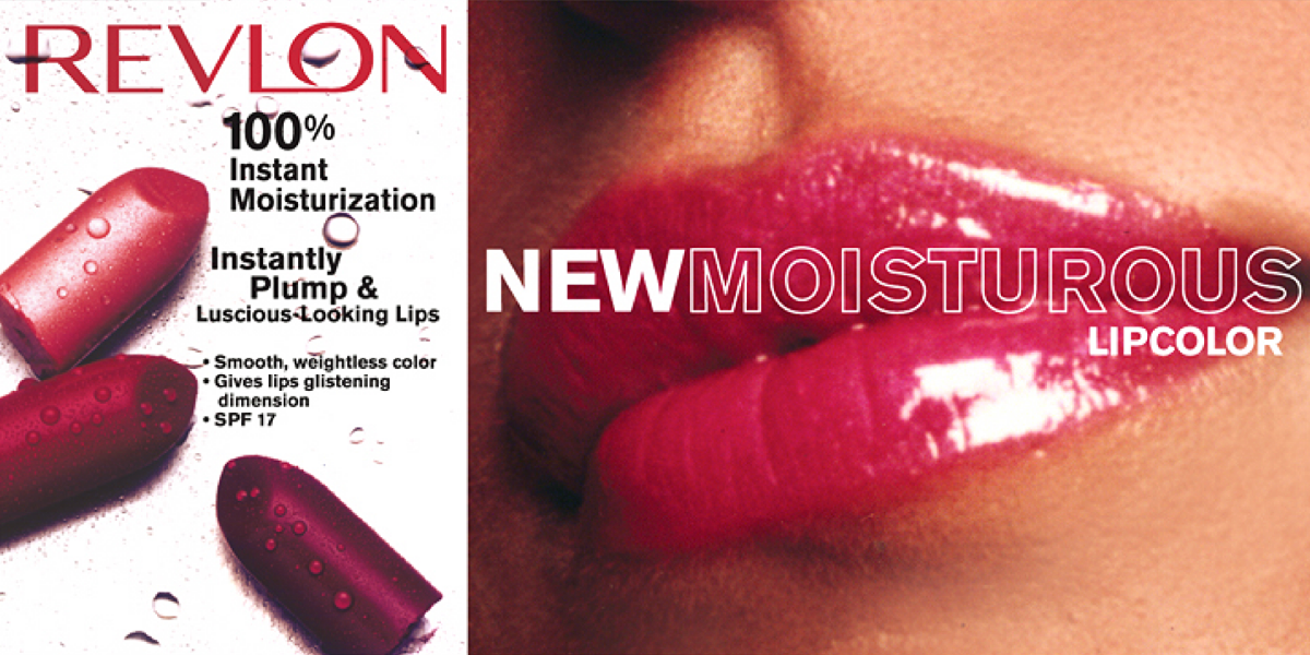 advertisement for Revlon lip color featuring a close-up of glossy, pink lips and images of three lipstick bullets in shades of pink and red with water droplets on them.