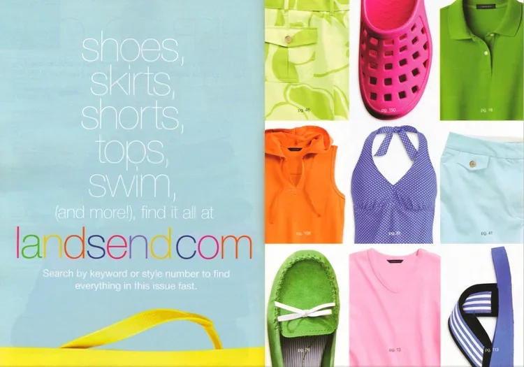 Advertisement for Lands' End clothing and footwear featuring colorful shoes, skirts, shorts, tops, and swimwear, with the website URL landsend.com.