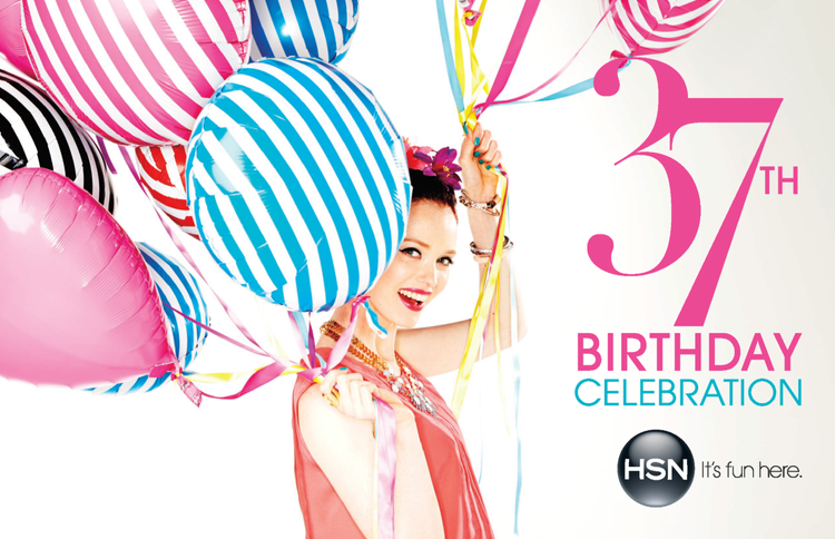 A woman holding a bunch of colorful birthday balloons, celebrating a 37th birthday with text indicating '37th Birthday Celebration' and the HSN logo.