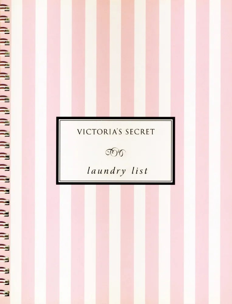 Pink and white striped Victoria's Secret laundry list notebook.