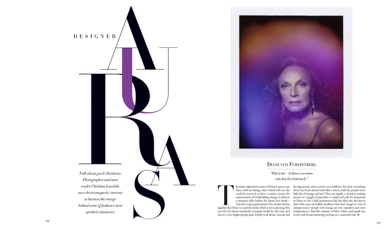 Magazine spread with a large artistic title reading 'ART' and a photo of a woman with curly hair and earrings, accompanied by text about Diane von Furstenberg, including a quote about her.