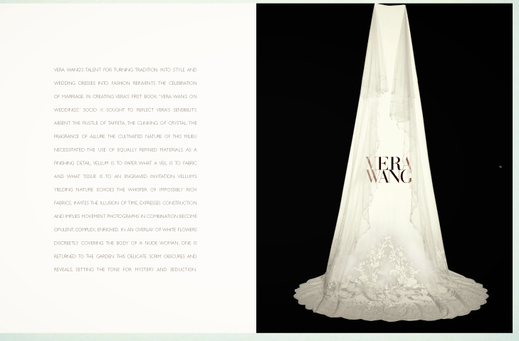 Design of a wedding dress display with a white gown on a stand against a black background, featuring the name 'Vera Wang' in elegant font.