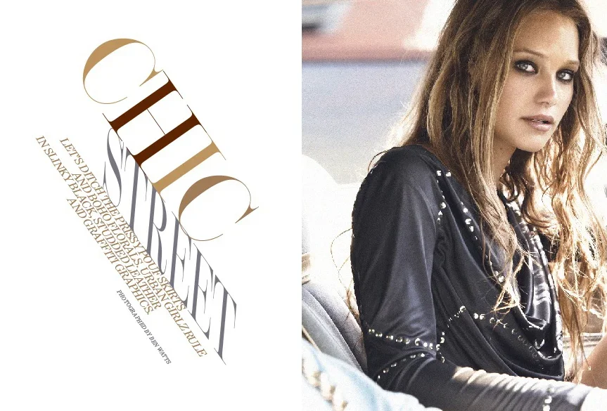 Split image with text on the left and a woman on the right. The text reads 'CHIC' in large, stylish letters, with smaller text below. The woman has wavy, light brown hair, is wearing a black leather jacket with metal embellishments, and is sitting in a car with a blurred background.